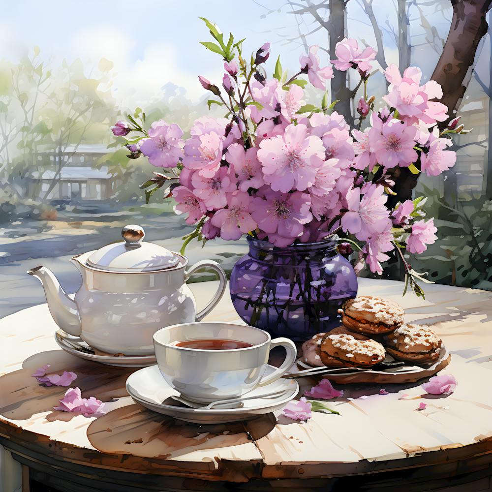 Serene Outdoor Tea Time with Cherry Blossoms | Elegant Spring Floral Still Life for Home and Café Décor