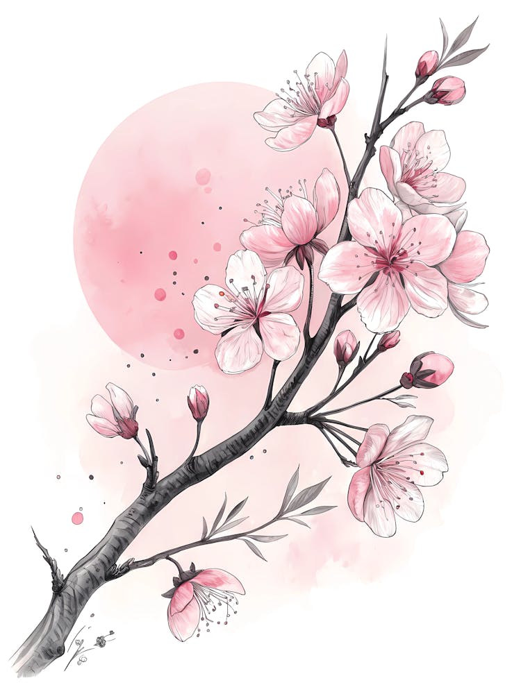 Minimalist Ink Sketch Of Single Sakura Branch In