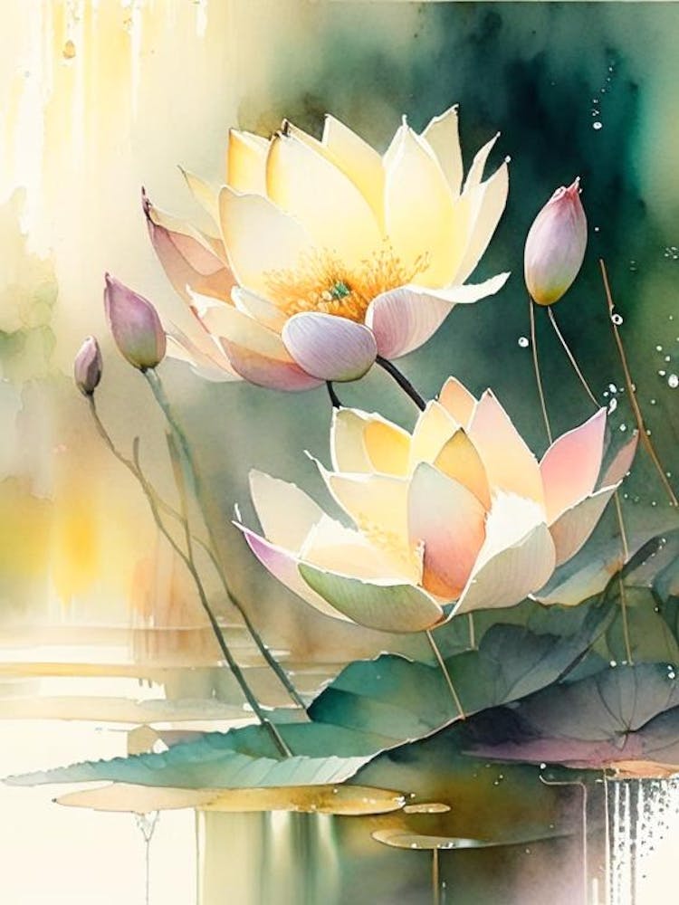 Lotus Flowers In Park Storybook Watercolour 1