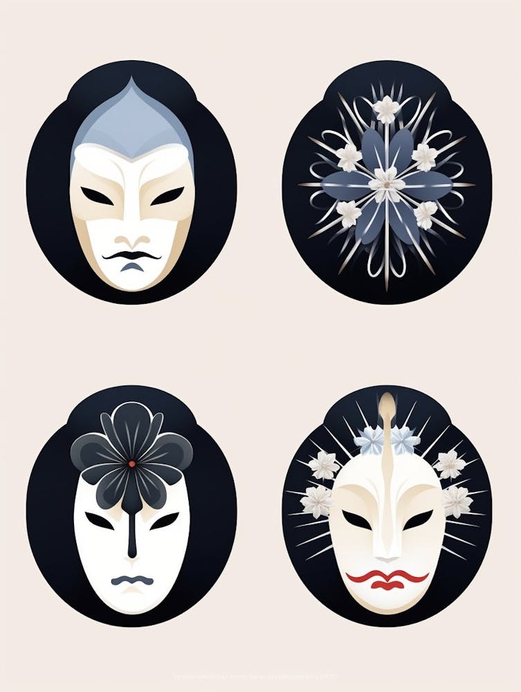 Noh Masks Japanese Style Illustration 13