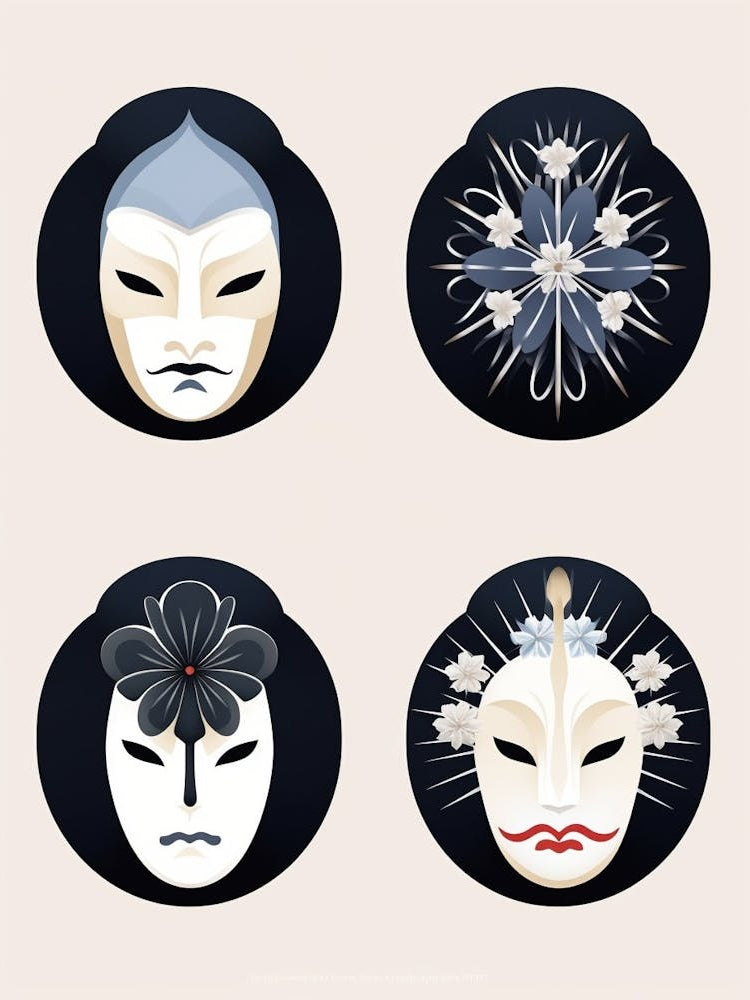 Noh Masks Japanese Style Illustration 13