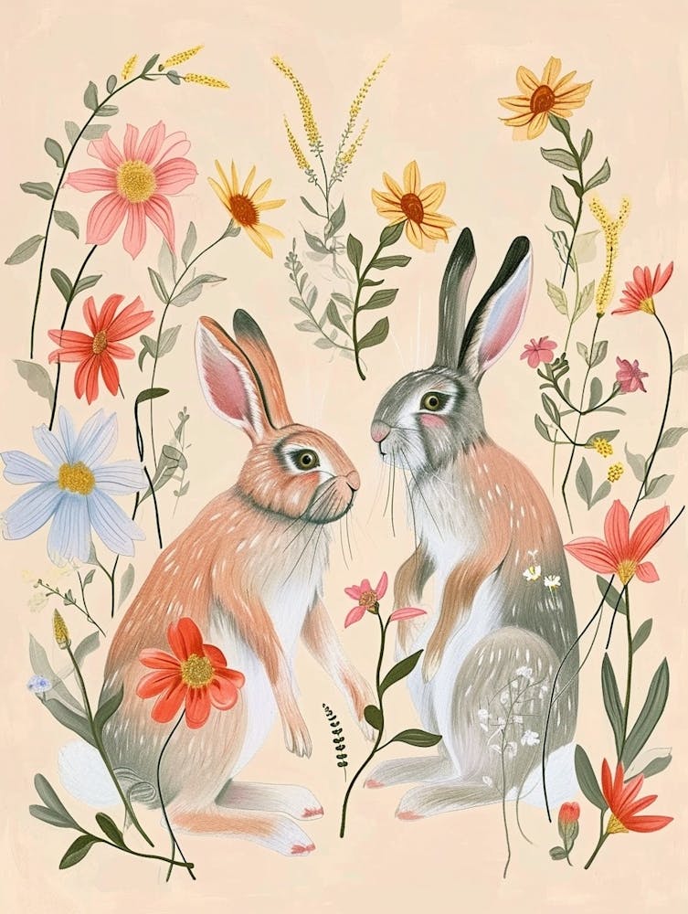 Folksy Floral Animal Drawing Rabbit 5