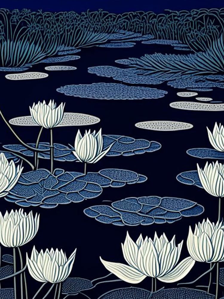 Water Lilies Waterscape Linocut 2