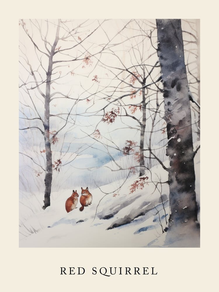 Winter Watercolour Red Squirrel 1 Poster