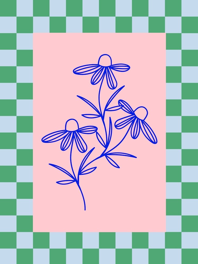 Modern Checkered Flower Poster Blue & Pink 10