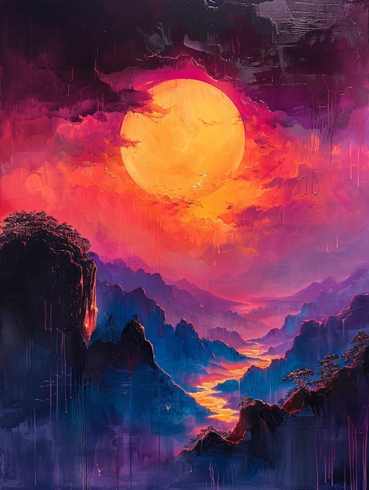 Acrylic Painting Of A Sunset Over A Mountain, Colorful Clouds Are Covering Sun, In The Style Of Gestural Expressionism, Vibrant Palette Knife, Mote Kei, Layered Gestures