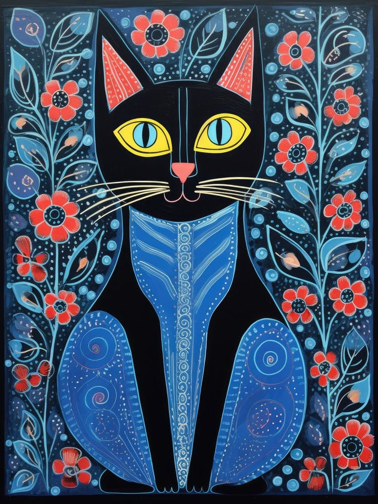 Black Cat With Blue Flowers in Gond Painting Style
