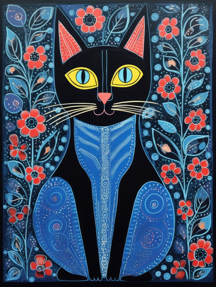 Black Cat With Blue Flowers in Gond Painting Style