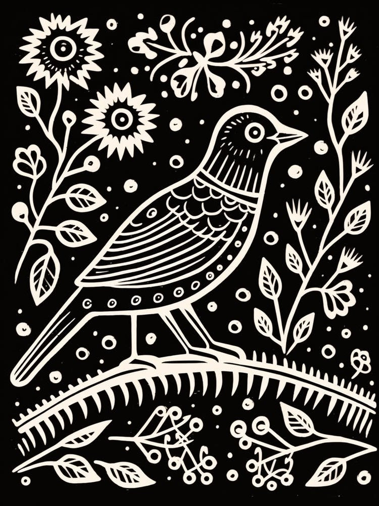 B&W Bird Linocut Cuckoo 4