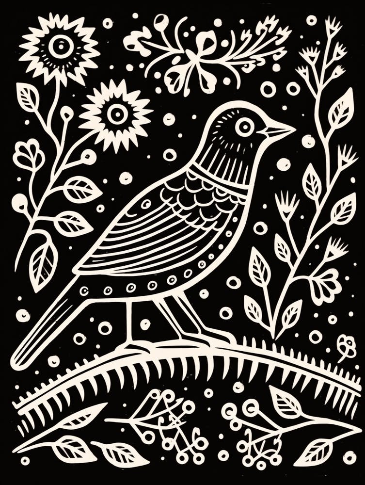 B&W Bird Linocut Cuckoo 4