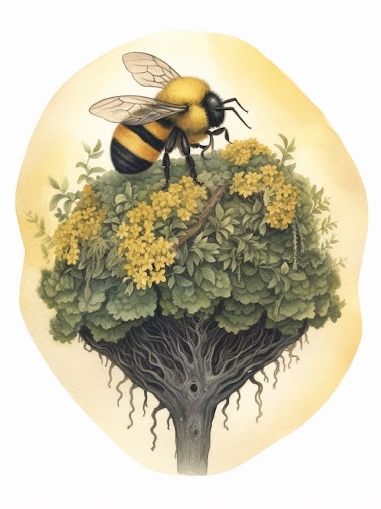 Tree Bumble Bee Beehive Watercolour Illustration 2
