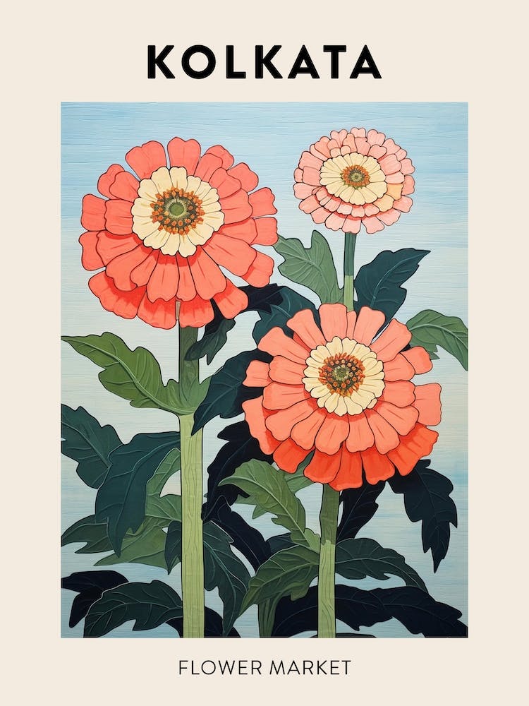 Kolkata India Botanical Flower Market Poster