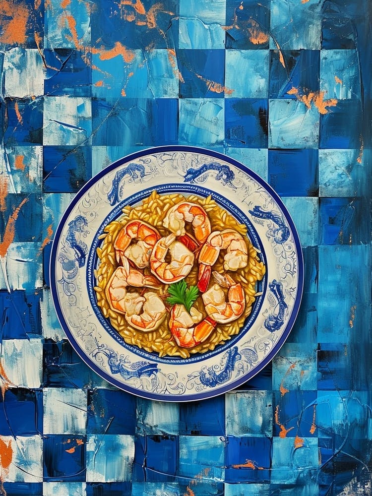 Seafood Risotto Blue Checkerboard