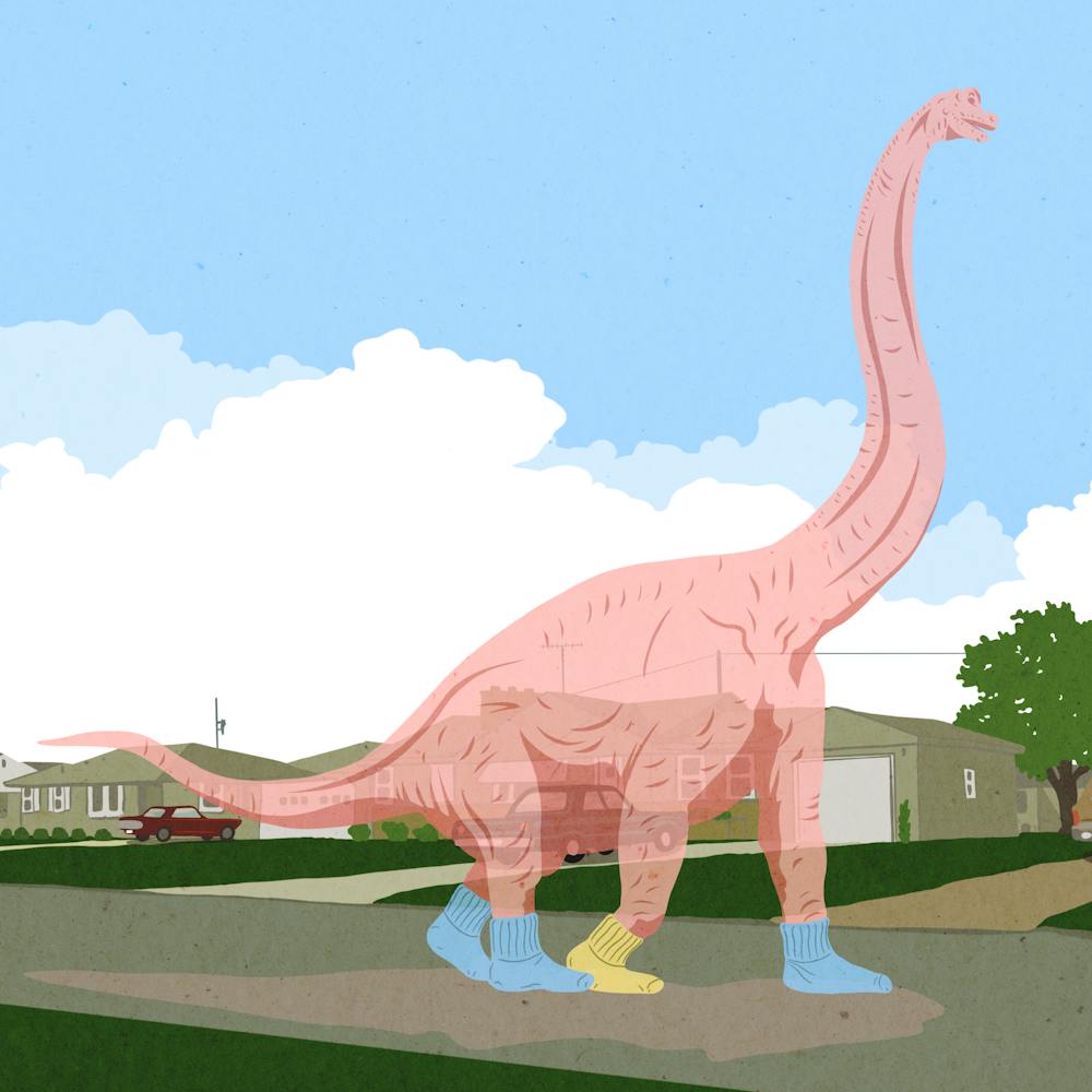 Pink dinosaur ghost, surreal, street scene, illustration, wall art