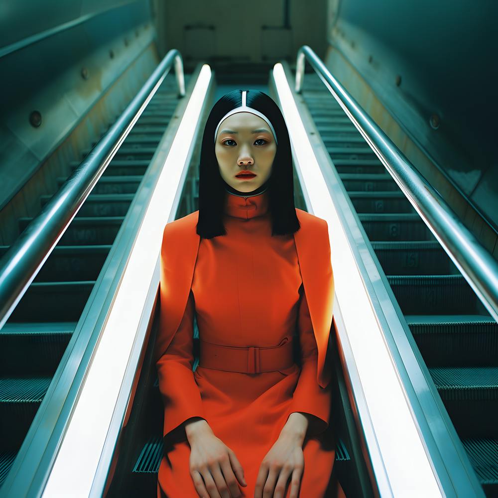 Woman in an orange dress, sitting on an escalator. 2023