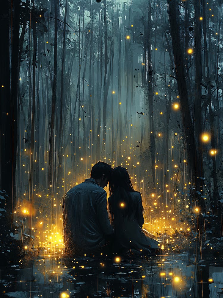 Fireflies In The Forest, Romantic Monochrome Charcoal style