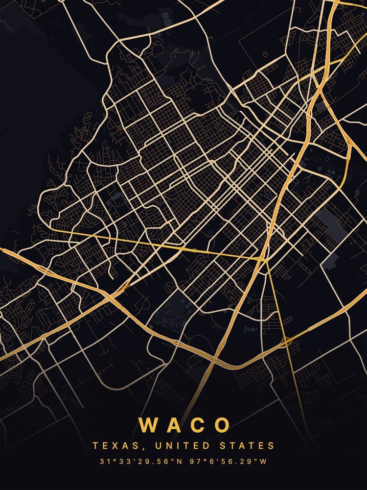 Waco Texas Usa Black And Gold Map