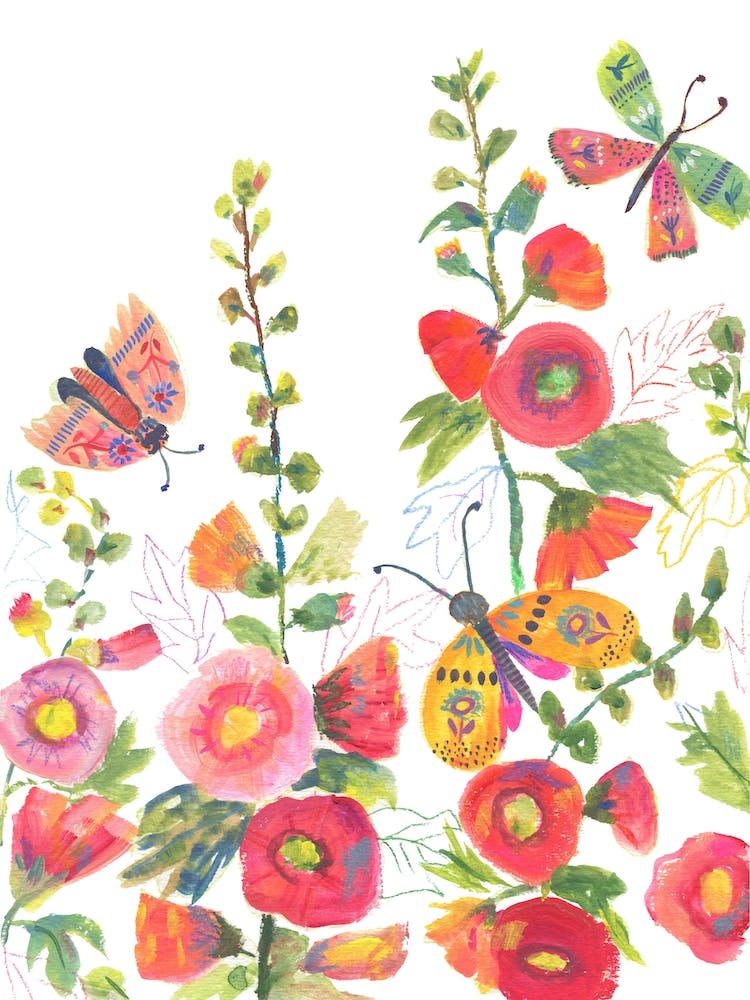 Hollyhocks And Butterflies