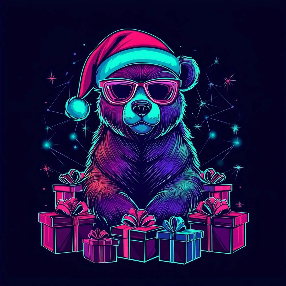 Vector Illustration Glowing Neon Bear In A Santa Generated AI. Wall