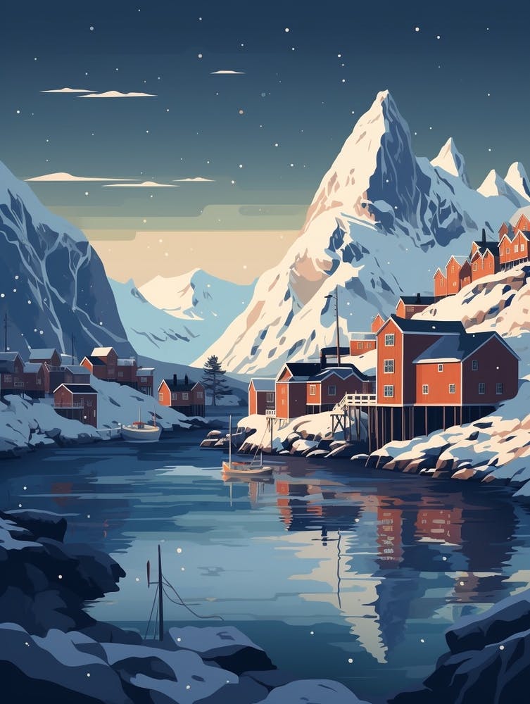 Winter Travel Night Illustration Lofoten Islands Norway 1