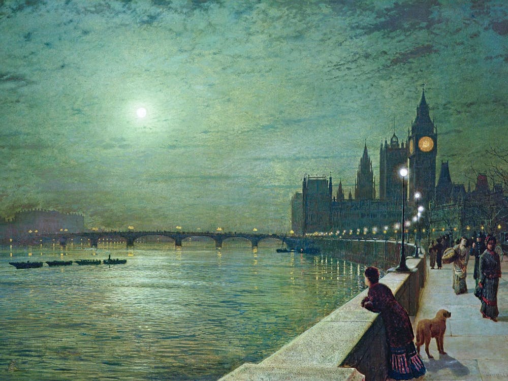 Reflections on the Thames Westminster 1880 Öl auf Leinwand von John Grimshaw - Remasterte HD Fantastische Qualität London Bridge Kunstwerk | Englischer Britischer Maler