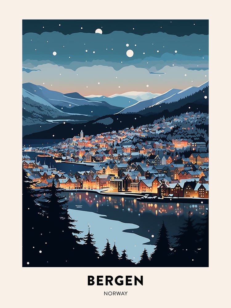 Winter Night  Travel Poster Bergen Norway 3