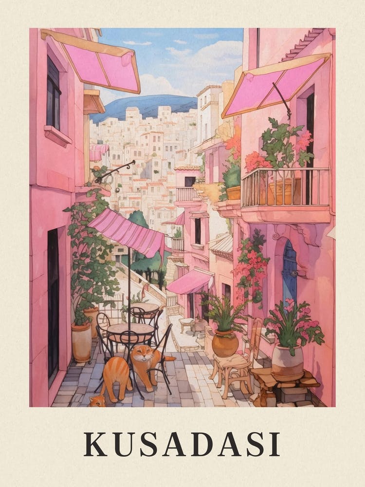 Kusadasi Turkey 1 Vintage Pink Travel Illustration Poster