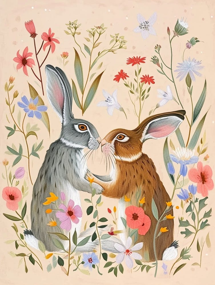 Folksy Floral Animal Drawing Rabbit 2