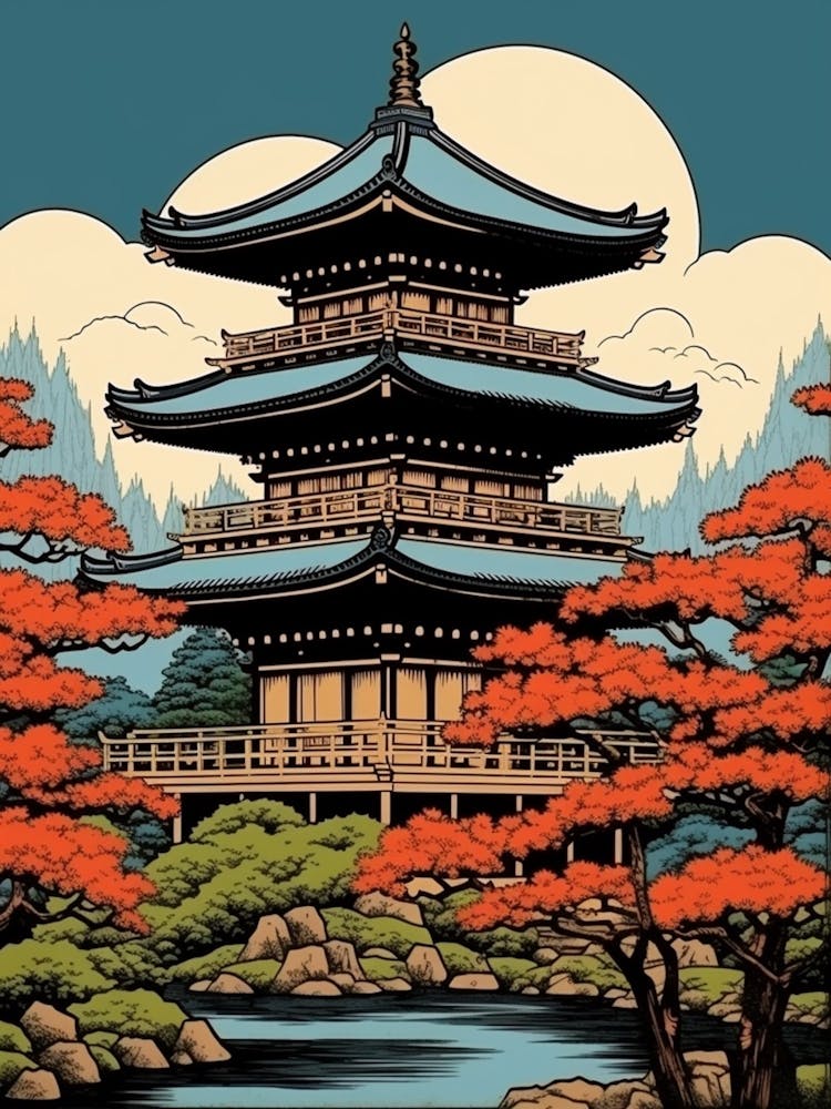 Byodo In Temple, Japan Vintage Travel Art 4