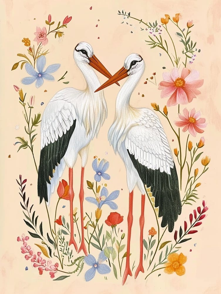 Folksy Floral Animal Drawing Crane 3
