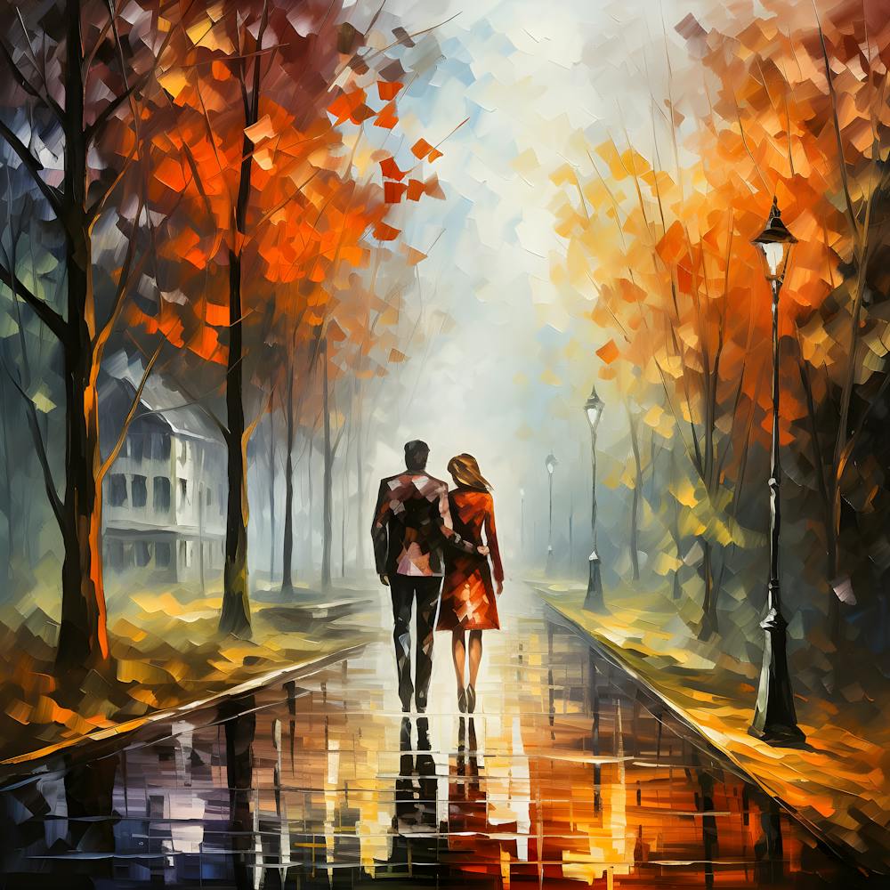 Romantic Autumn Walk: Vibrant Abstract Painting of a Couple in a Park