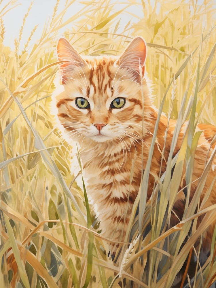 A Cat Roaming Through The Long Grass In A Romantesque Style 1