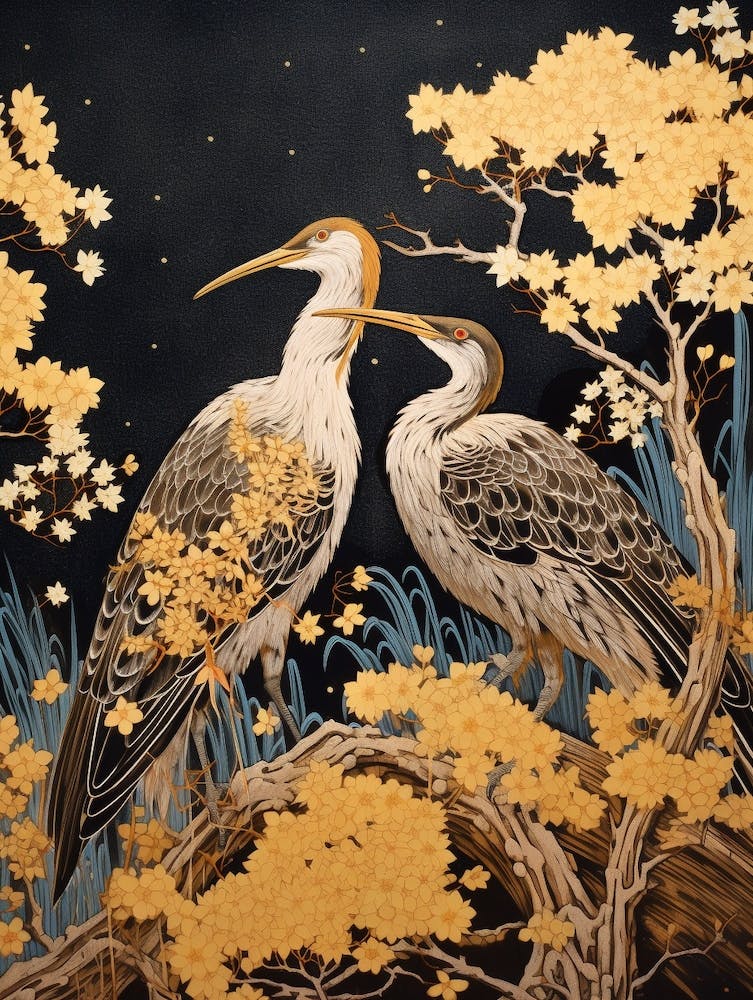 Goldenrod And Birds Vintage Japanese Botanical