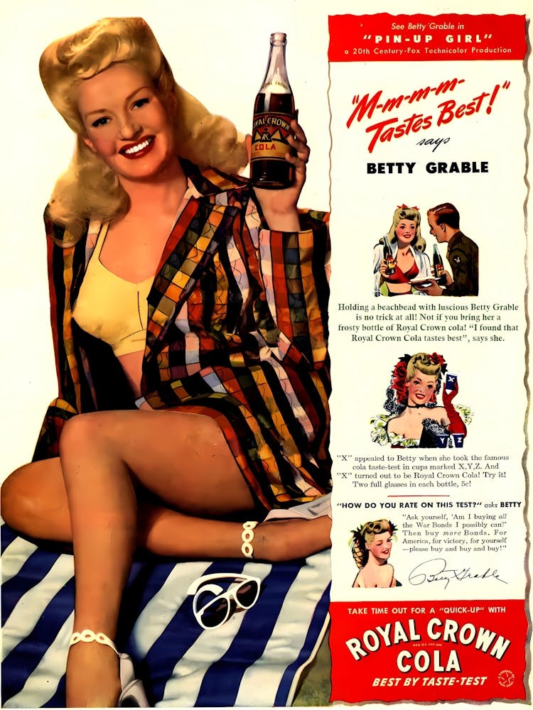 Royal Crown Cola, Betty Grable, Pin-Up Girl with a Bottle, Vintage Drink, Advertisement Poster