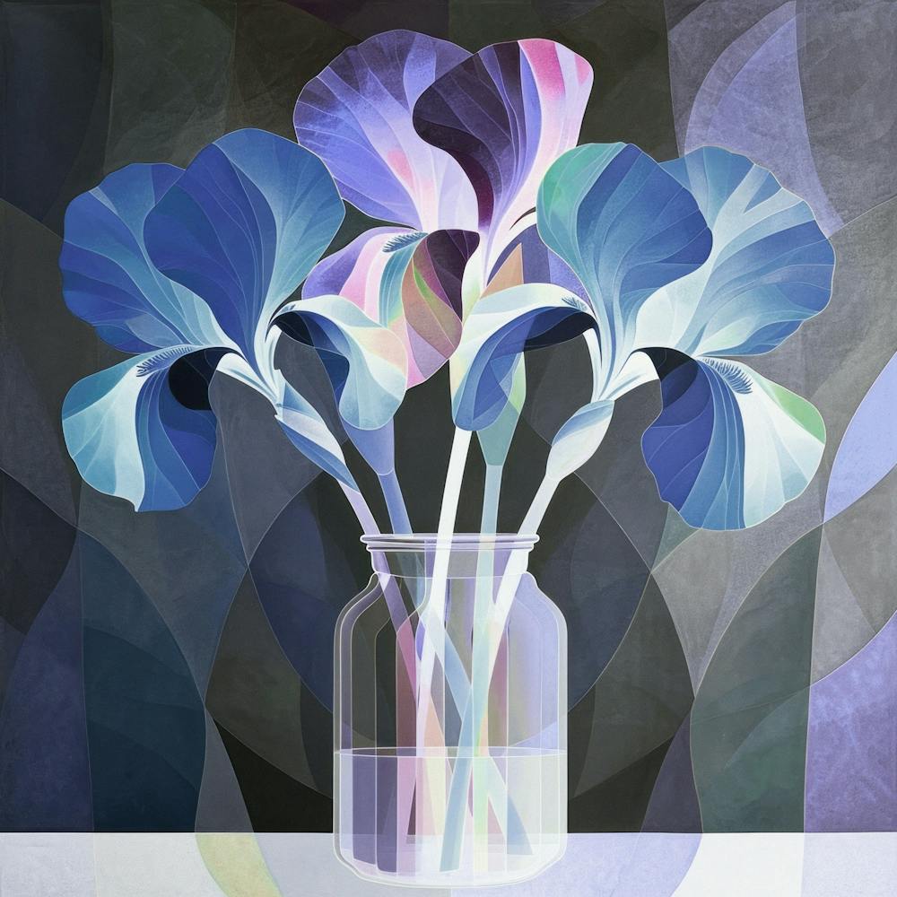 Blue Irises in Vase. Dark Blue