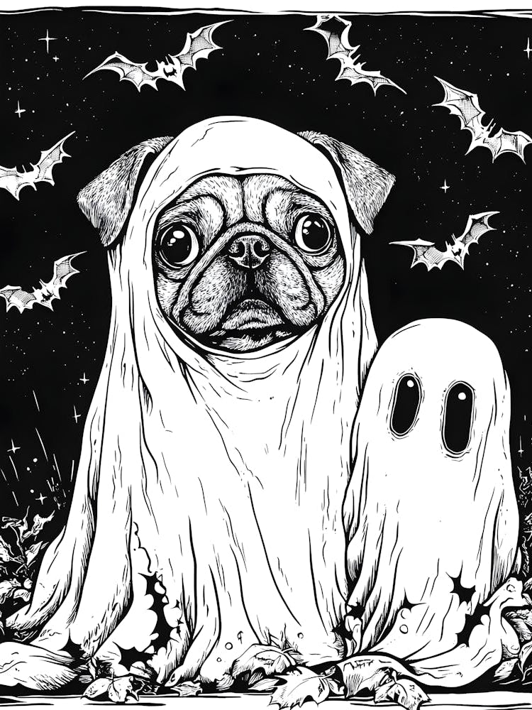 Halloween Pug with Ghost and Bats