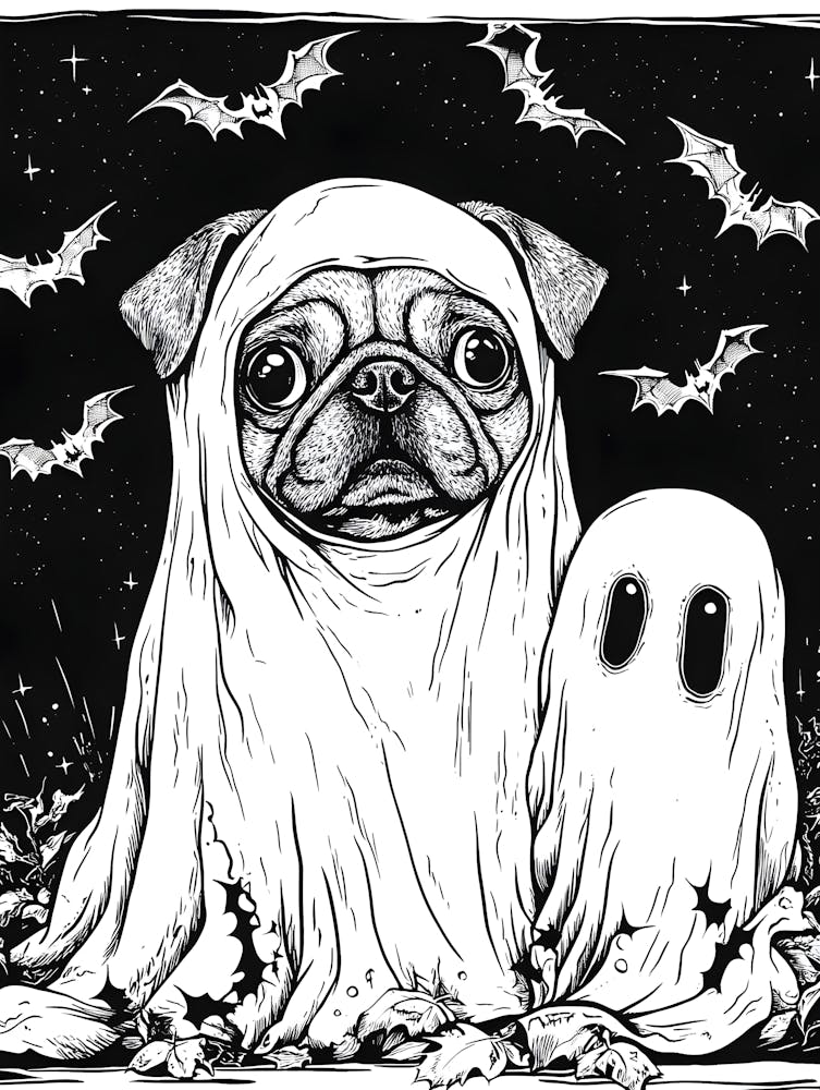 Halloween Pug with Ghost and Bats