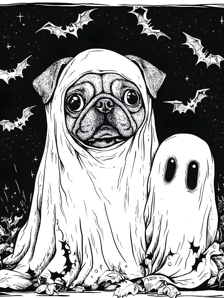 Halloween Pug with Ghost and Bats