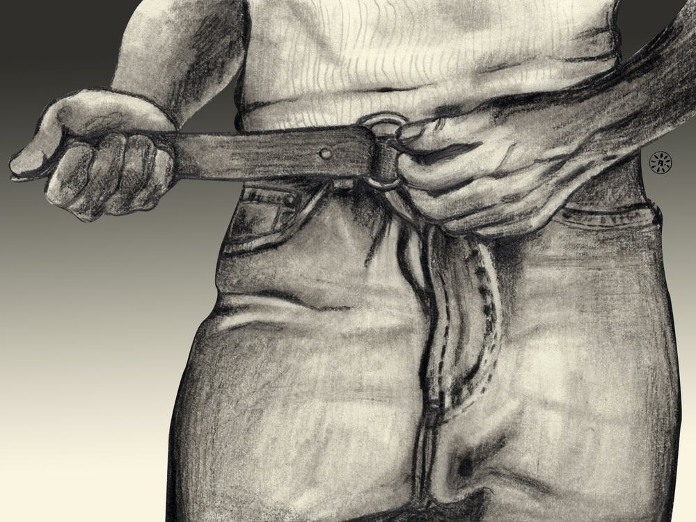 Undoing Belt erotic drawing male homoerotic grey graphite charcoal hand drawn bedroom