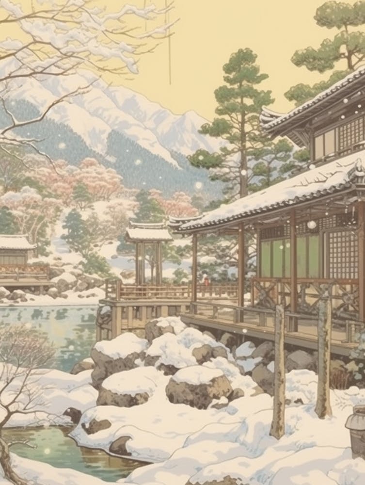 Vintage Winter Illustration Nagano Japan 1