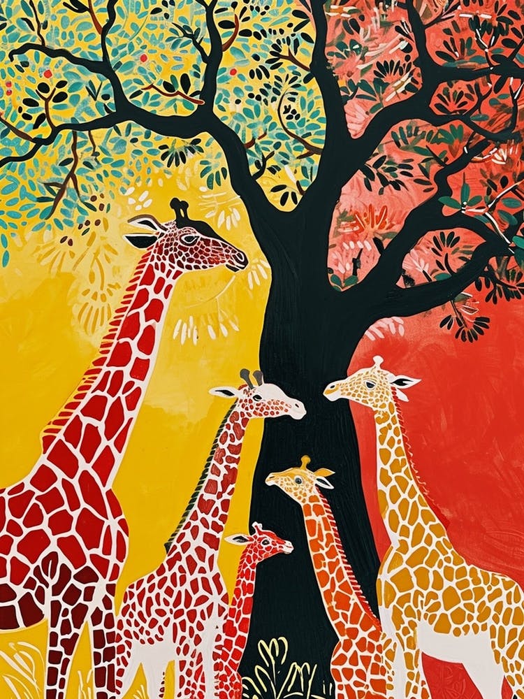 Cute Giraffe Herd Under The Trees Illustration 2