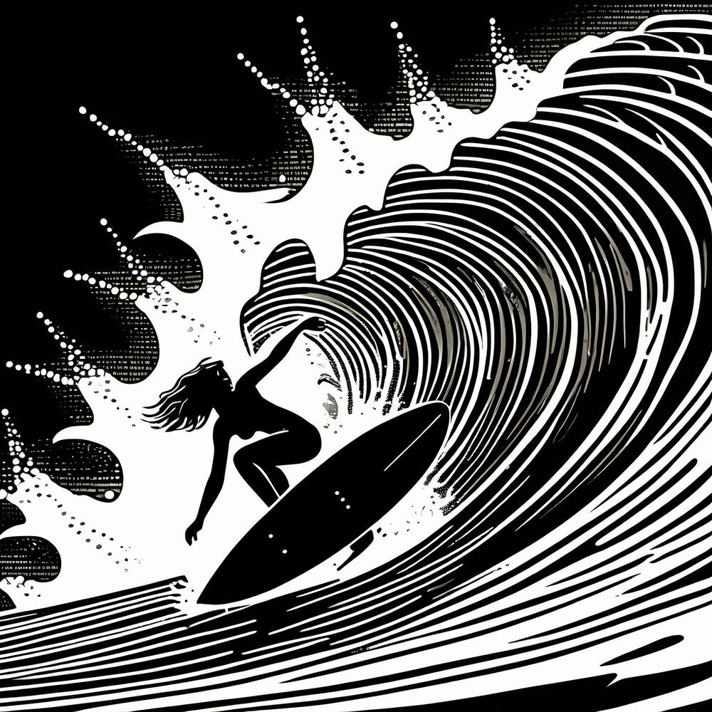 Linocut Black And White Surfer Girl On A Wave art, surfing art 1