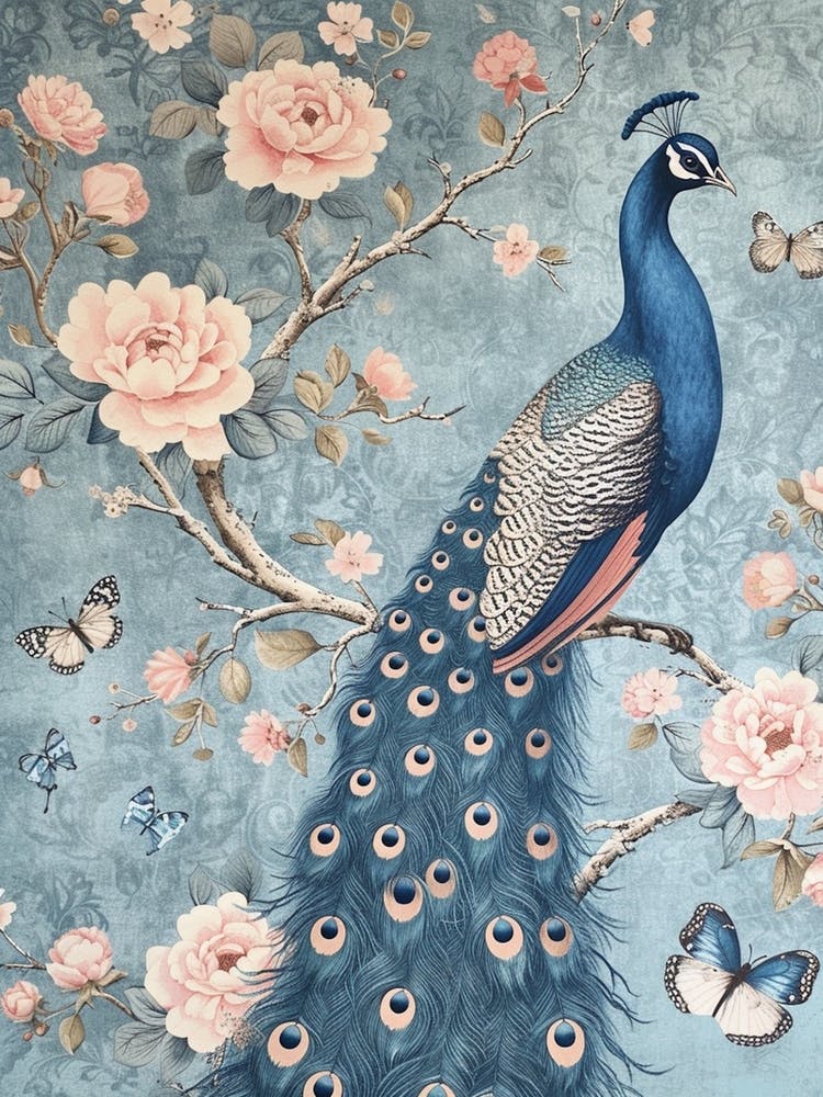 Pastel Peacock With Butterflies Vintage Wallpaper 3