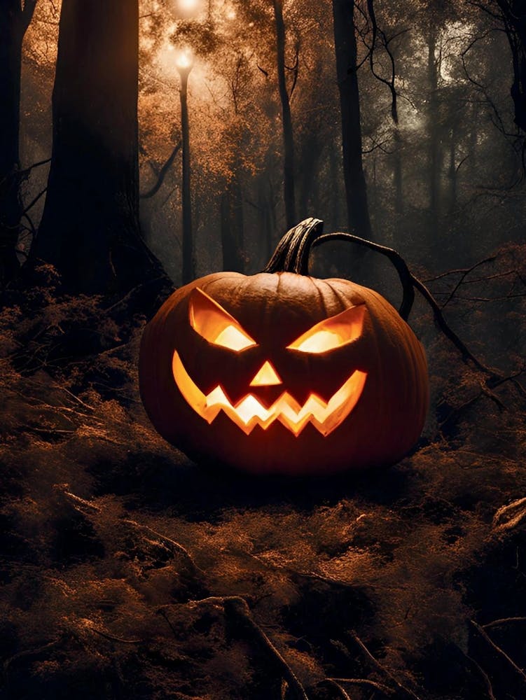 Spooky Pumpkin In Dark Forest, Halloween Decor