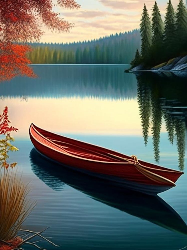 Canoe On Lake Water Waterscape Crayon 1