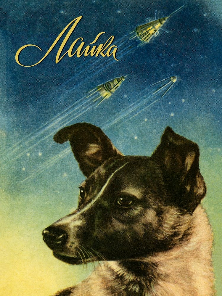 Laika, first space dog — Soviet vintage space poster, propaganda poster, Soviet space