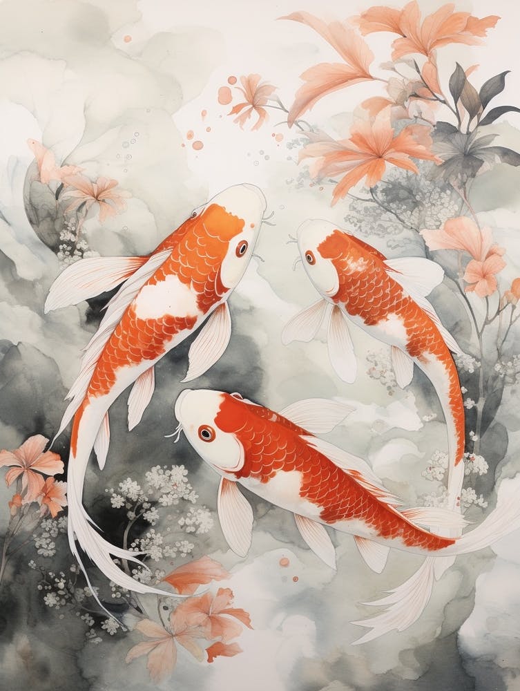 Orange Koi Fish Watercolour With Botanicals 8