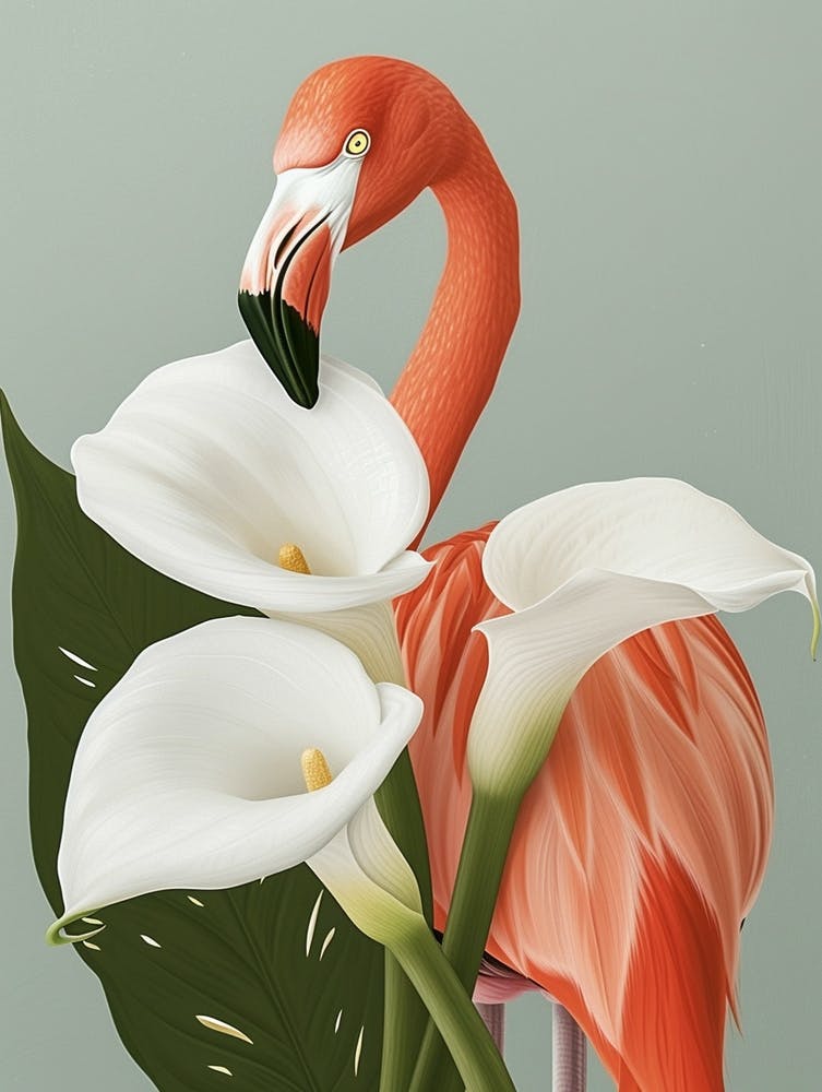 American Flamingo And Calla Lily Minimalist Illustration 1