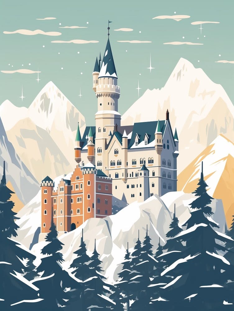 Vintage Winter Travel Illustration Schloss Neuschwanstein Germany 6
