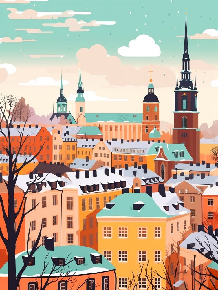 Vintage Winter Travel Illustration Stockholm Sweden 1